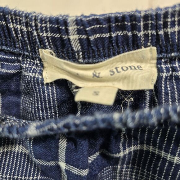 Cloth Stone Shirt Women Small Navy Blue Off Shoulder Check Plaid Slit Picnic - Picture 4 of 14